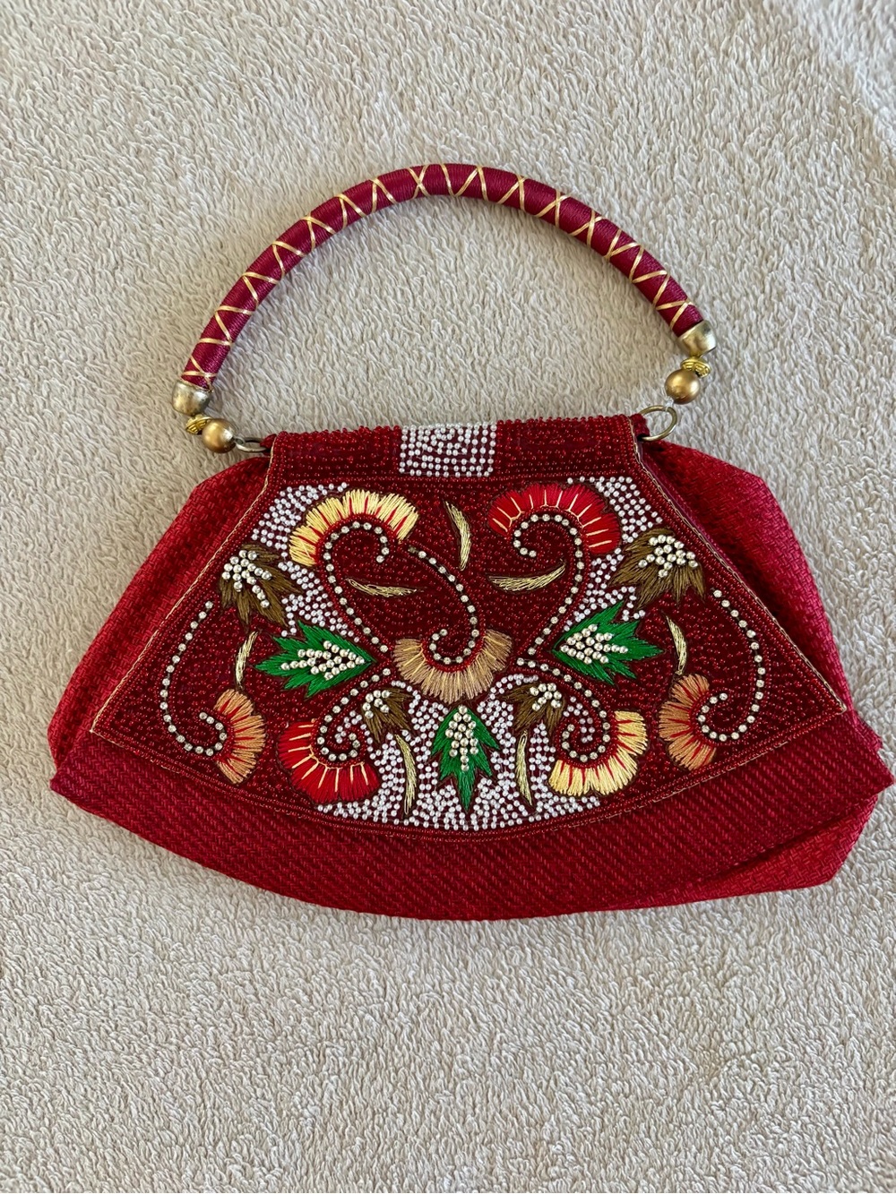 Embellished Red Beaded Top-Handle Women’s Bag